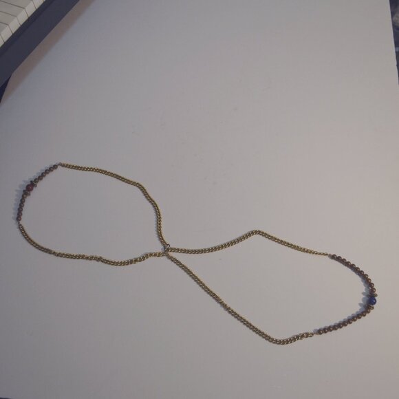 Unisex Necklace Double Chain Thick Mix Media Metal Golden Bronze Beads Red Blue - Picture 2 of 4